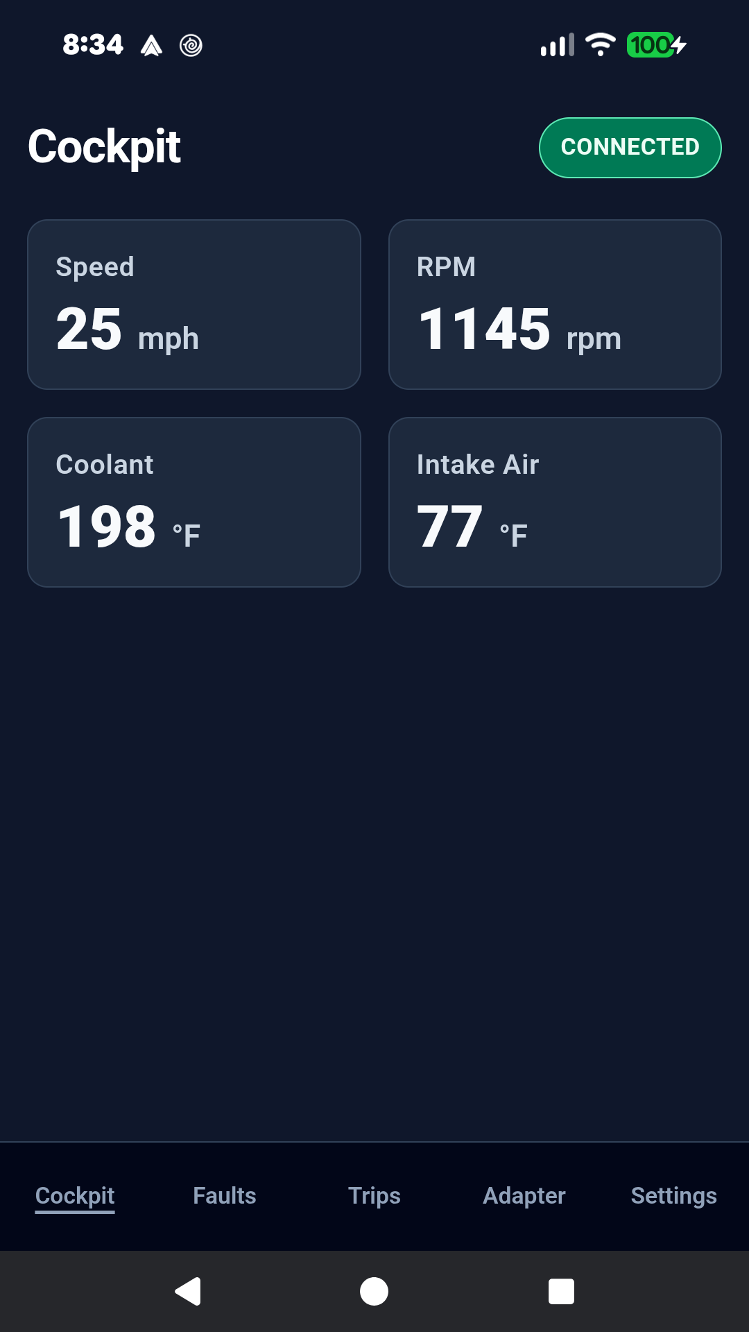 Cockpit screen showing simulated speed, RPM, coolant, and intake air readings