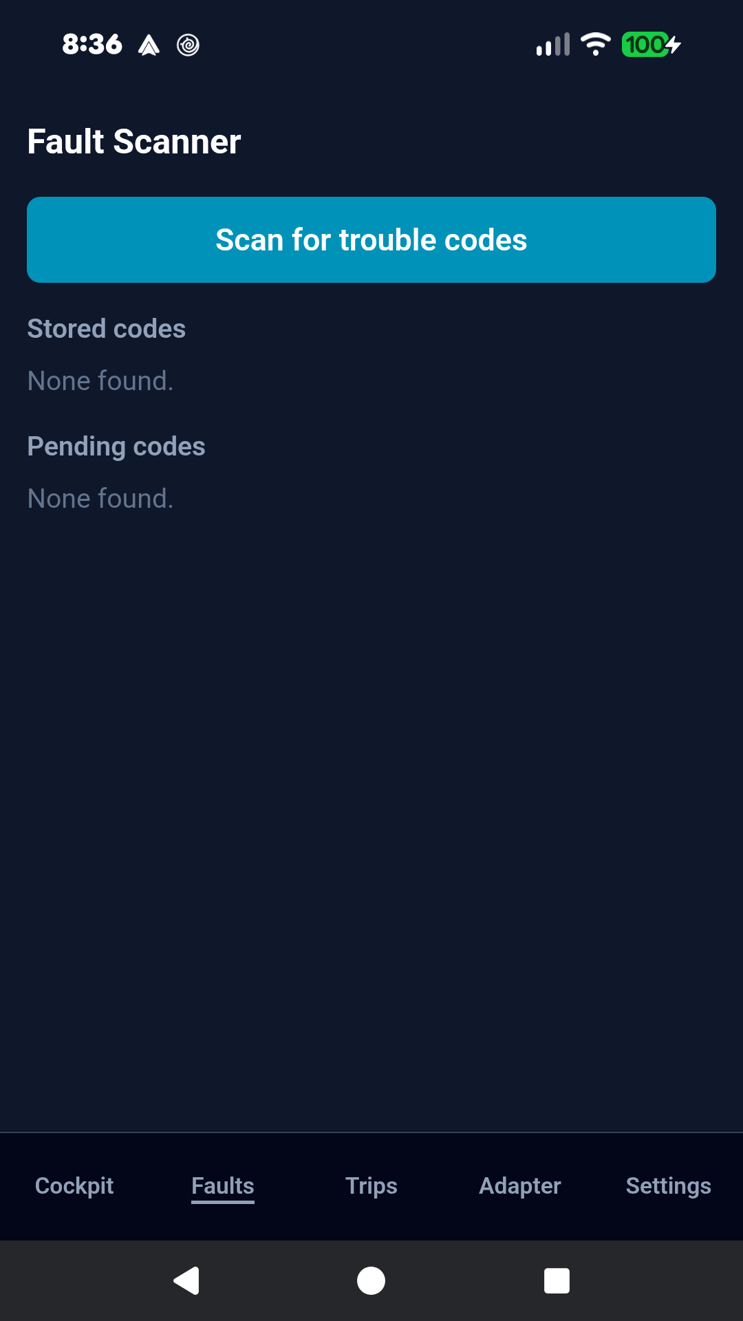 Fault Scanner screen showing no stored or pending codes in the simulated state