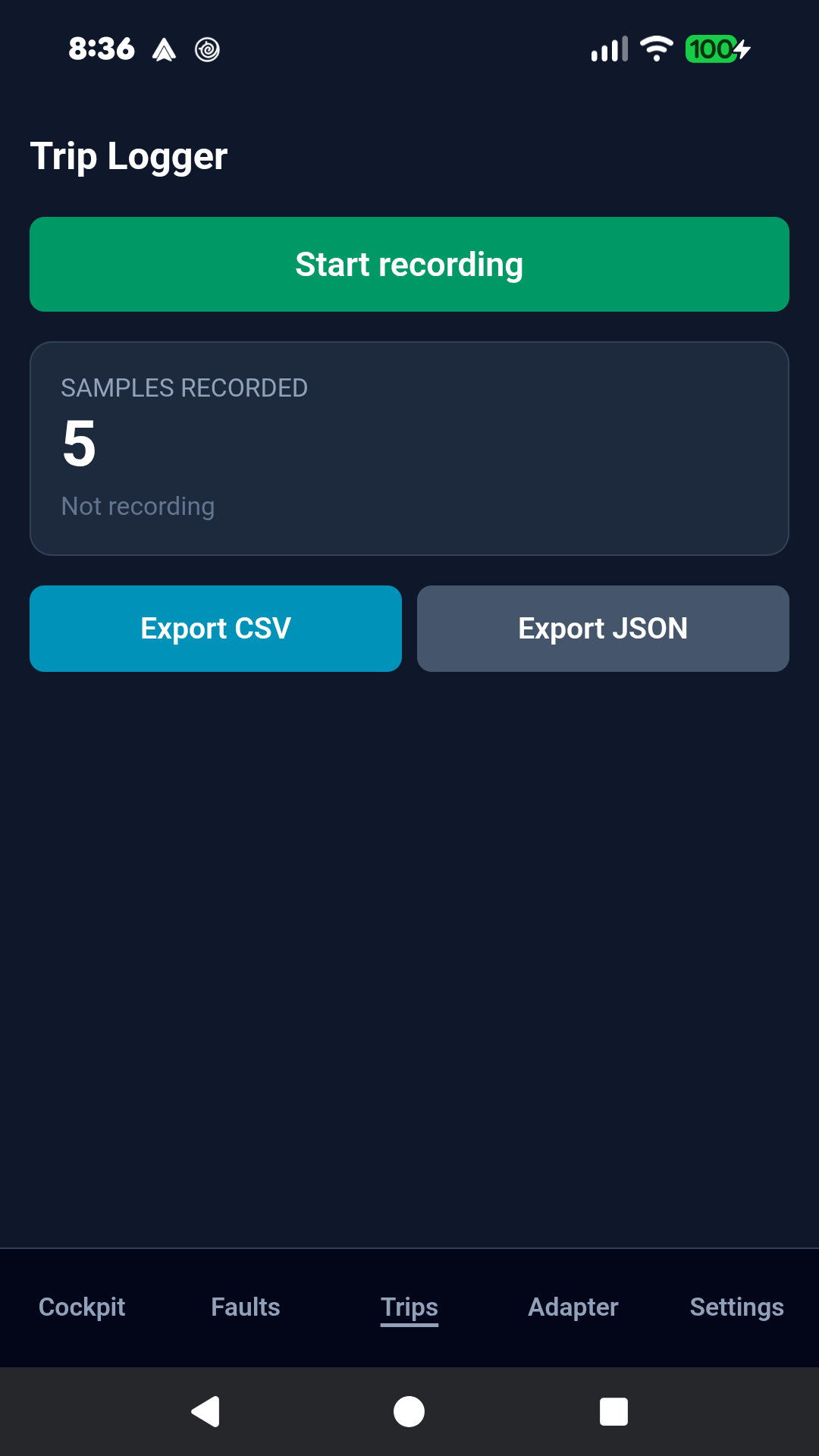 Trip Logger screen showing CSV and JSON export controls after recording