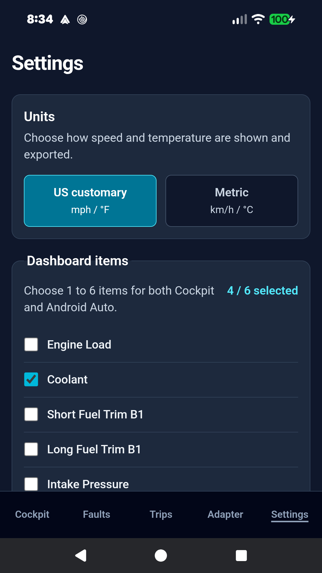 Settings screen for unit choice and selection of 1 to 6 supported dashboard items